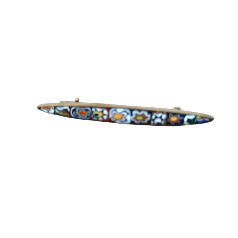 Vintage Micro Mosaic on Brass / Antique Enamel over Mosaic Floral Brooch Pin